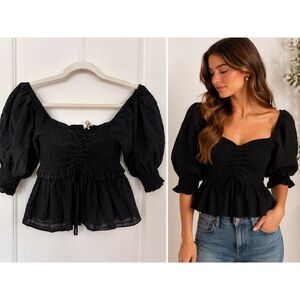 WAYF Black Smocked Puff Sleeve Peplum Crop Top Cottagecore Babydoll Coquette XS